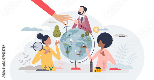 Environmental friendly community and social cooperation for nature protection tiny person concept, transparent background. Ecological lifestyle to protect planet and be responsible.