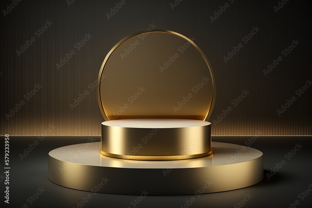 Realistic 3D cylinder with a luxury and golden podium for product display. Created with Generative AI Technology