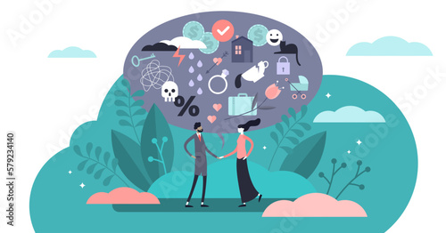 Relationship illustration, transparent background. Flat tiny various feelings person concept. Abstract mutual emotions and link type between friends, siblings or lovers.