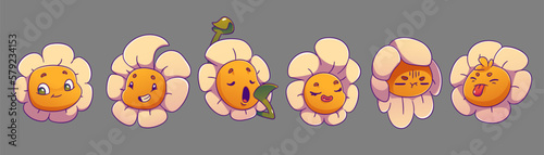 Chamomile daisy flower emotions vector icon set. Isolated cute groovy floral face character with leaves, petal cartoon illustration. Plant mood expression with tired, sleepy, fun and flirty mood.