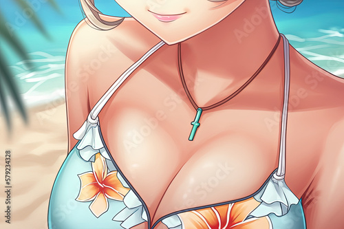 Sexy anime girl with big breasts on beach in summer on vacation. Manga style. Generative AI