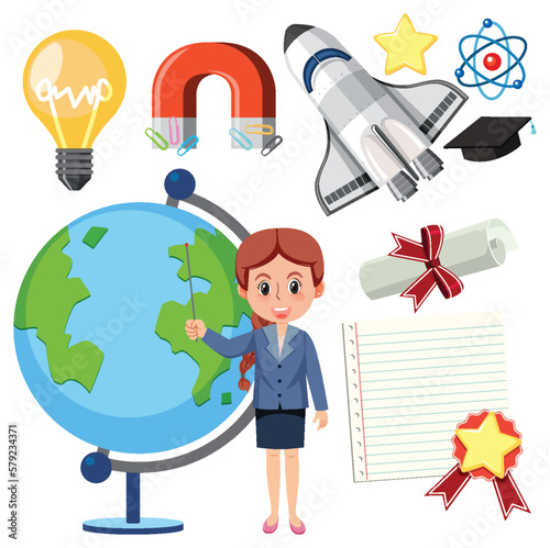 Set of teaching equipment tools and teacher cartoon characte