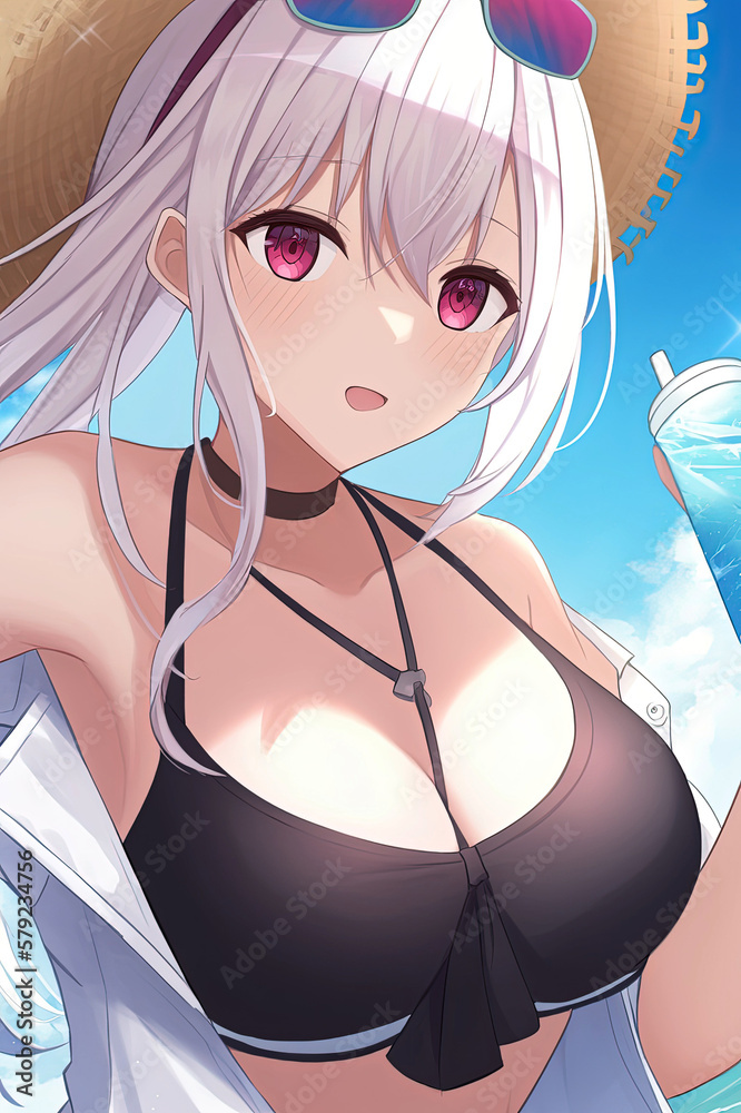 Sexy Girl With Big Breasts On Beach In Summer In Manga Anime Style 