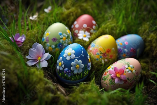 Easter eggs have many beautiful colors in the garden and flower. Celebration concept happy easter day. eggs on Easter day. Generative AI.