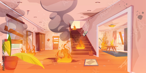 Burning fire inside home. Accident scene with flame and smoke in house hall. Old abandoned countryside cottage interior of corridor, living room and stairs in fire, vector cartoon illustration