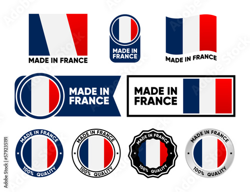 Made in France label collection. Set of flat isolated stamp made in France. 100 percent quality. Quality assurance concept. Vector illustration.