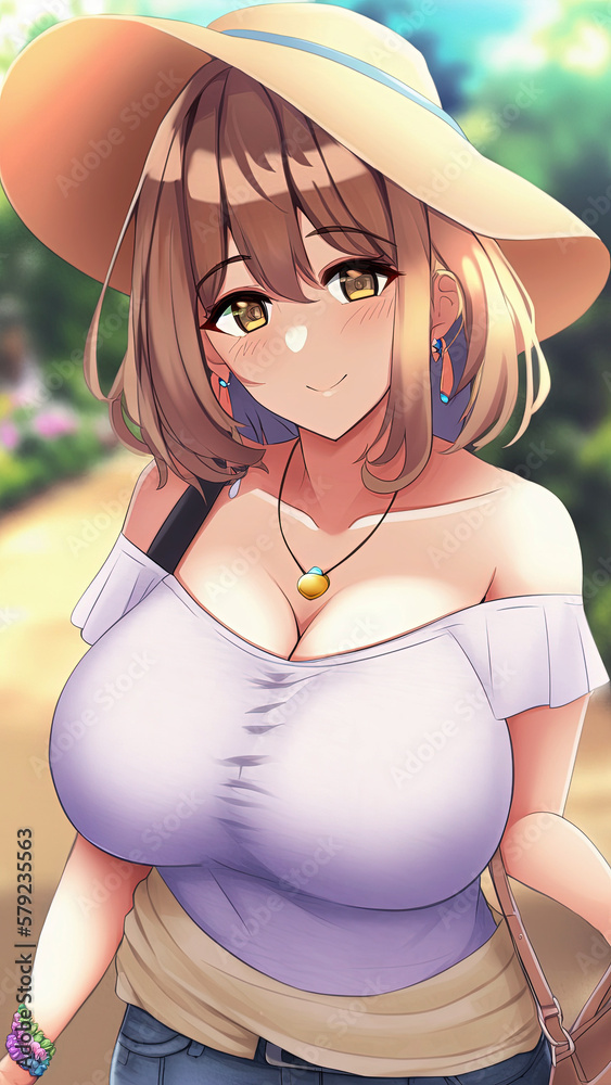 Ilustrace „Sexy anime girl with big breasts on vacation in summer. Cartoon  style. Generative AI“ ze služby Stock | Adobe Stock