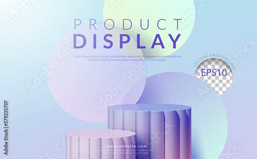 Purple 3d pedestal podium with colorful circle glass floating overlap backdrop. Minimal scene for product display stage showcase, promotion display. Vector illustration