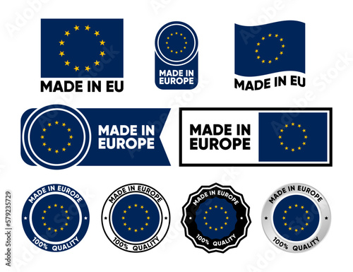 Made in Europe label collection. Set of flat isolated stamp made in EU. 100 percent quality. Quality assurance concept. Vector illustration.