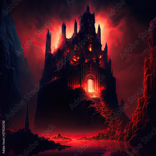 evil castle, nighttime with fire