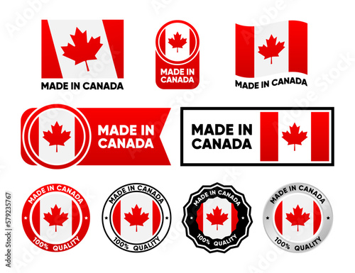 Made in Canada label collection. Set of flat isolated stamp made in Canada. 100 percent quality. Quality assurance concept. Vector illustration.