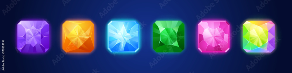 Cartoon set of game crystals isolated on dark background. Vector illustration of square, gem stone, sapphire emerald buttons for gui design. Colorful kit of 3 match gaming jewels. Treasure kit element Cartoon set of game crystals isolated on dark background. Vector illustration of square, gem stone, sapphire emerald buttons for gui design. Colorful kit of 3 match gaming jewels. Treasure kit element