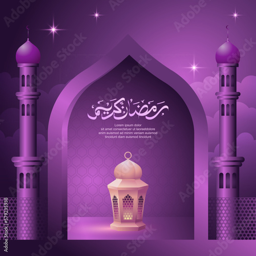Purple Islamic mosque window, isra miraj, eid al fitr adha, muharram, and ramadan kareem vector Background