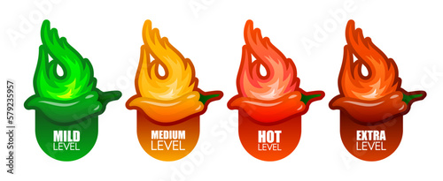 Spicy hot chili pepper. Label or sticker collection with flame and rating of spicy. Spicy food levels concept. Mild, medium hot and hell level of pepper. Vector illustration.
