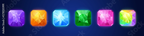 Cartoon set of game crystals isolated on dark background. Vector illustration of square, gem stone, sapphire emerald buttons for gui design. Colorful kit of 3 match gaming jewels. Treasure kit element