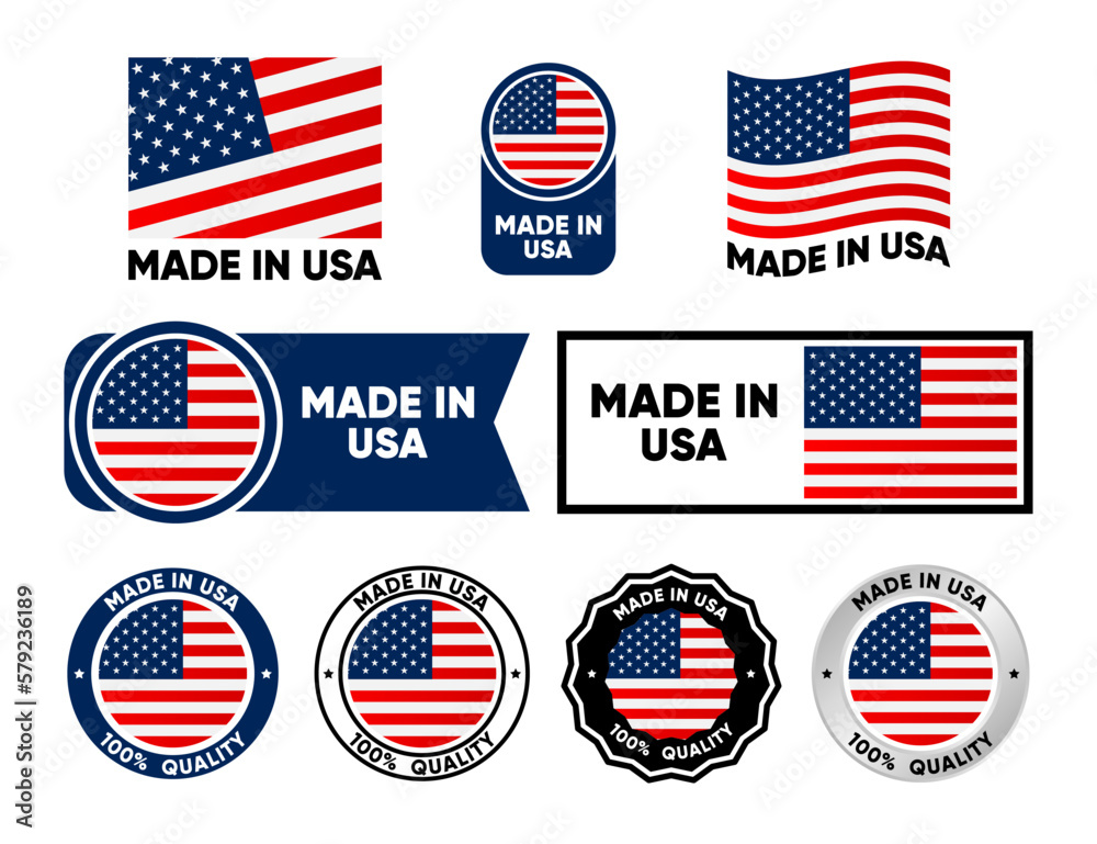 Made in USA label collection. Set of flat isolated stamp made in USA. 100 percent quality. Quality assurance concept. Vector illustration. Made in USA label collection. Set of flat isolated stamp made in USA. 100 percent quality. Quality assurance concept. Vector illustration.