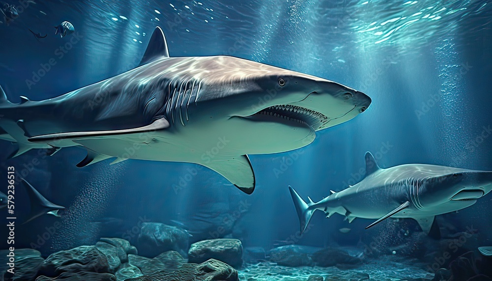 Fototapeta premium Underwater shot of swimming sharks. Photo generative AI