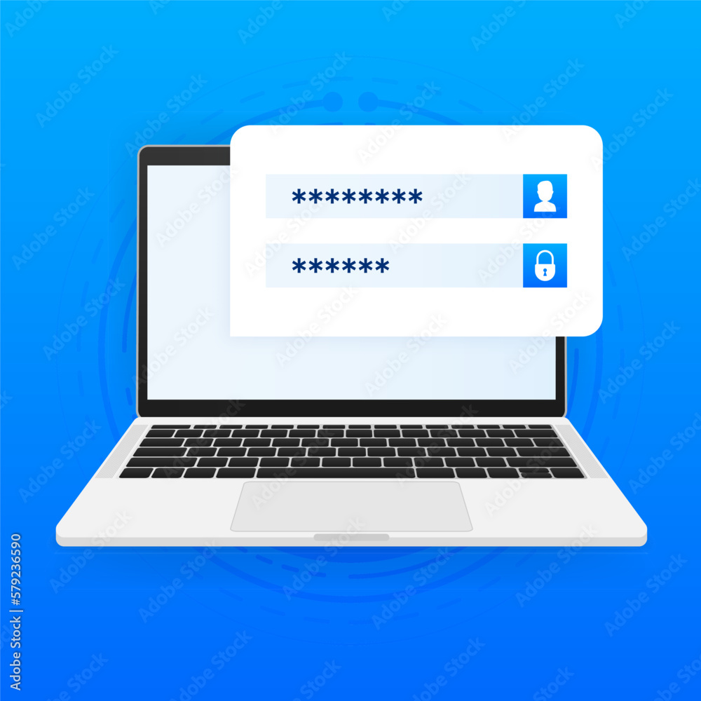 Laptop with login form and password page form on screen. Account login, user authorization. Username and password. Vector illustration. Laptop with login form and password page form on screen. Account login, user authorization. Username and password. Vector illustration.