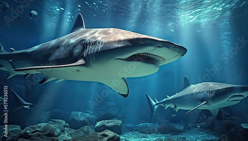 Underwater shot of swimming sharks. Photo generative AI