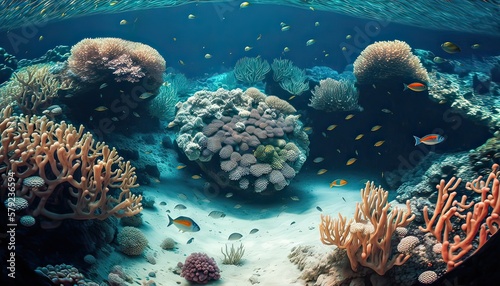 Coral reef beneath Red Sea waves. Photo generative AI