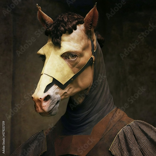 Half horse, half man merged face wearing clothes. Close up.