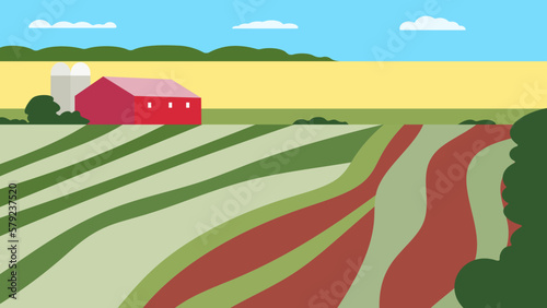 Farm fields with barn, silo towers and lucerne plant. Perfect for designs related to farming, agriculture, and rural life.