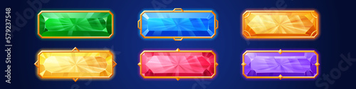 Game buttons from gems and gold frames. Ui interface elements, cute colored crystal banners with golden medieval borders, vector cartoon set isolated on background