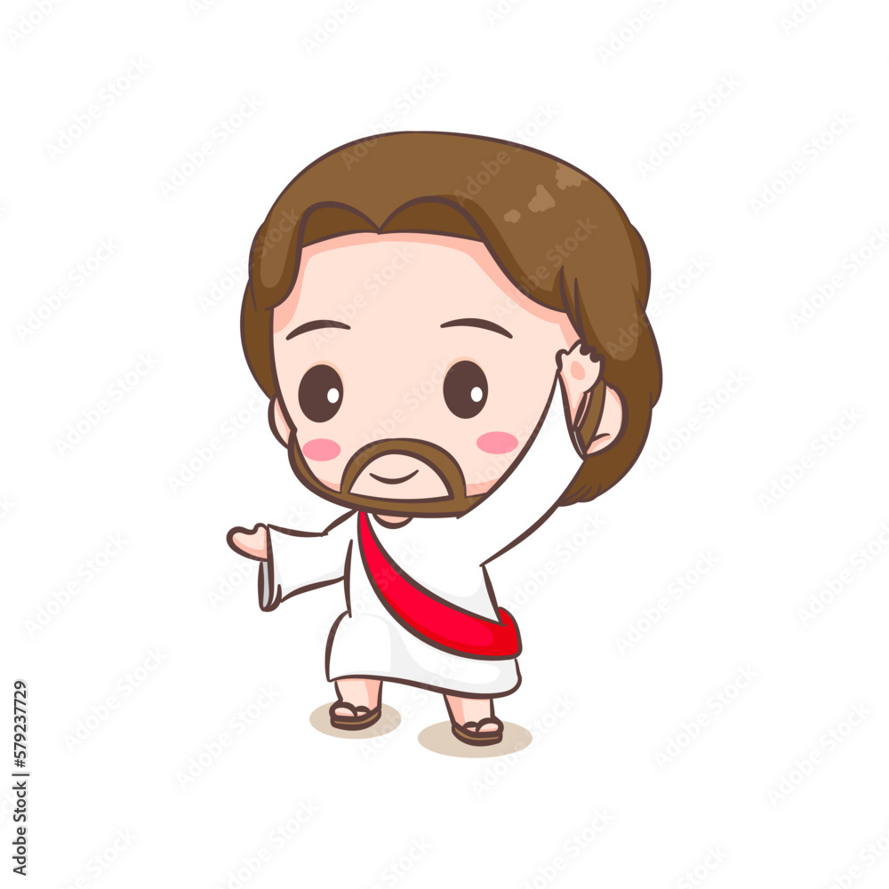 Cute Jesus Christ and the sheep cartoon. Hand drawn Chibi character isolated white background. Christian Bible for kids. Mascot logo icon vector art illustration
