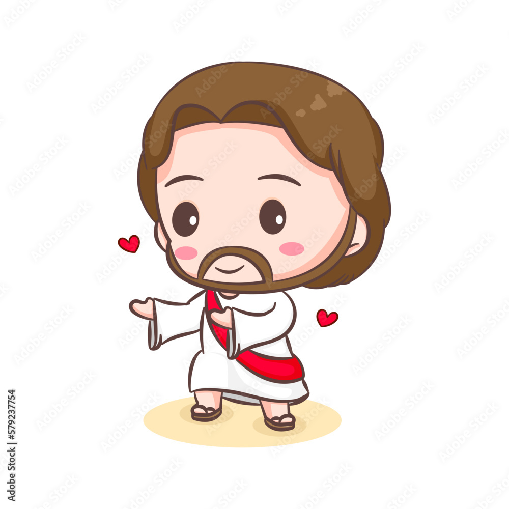Cute Jesus Christ and the sheep cartoon. Hand drawn Chibi character