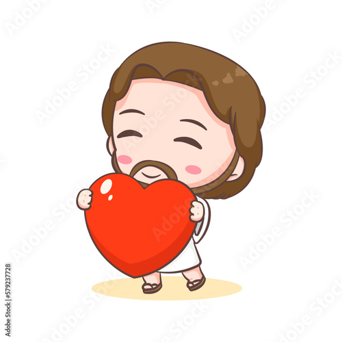 Cute Jesus Christ cartoon character with love heart. Hand drawn Chibi character, clip art, sticker, isolated white background. Christian Bible for kids. Mascot logo icon vector art illustration