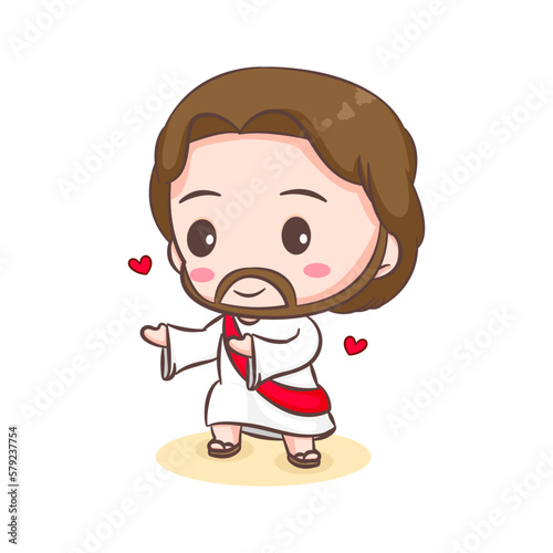 Cute Jesus Christ and the sheep cartoon. Hand drawn Chibi character isolated white background. Christian Bible for kids. Mascot logo icon vector art illustration