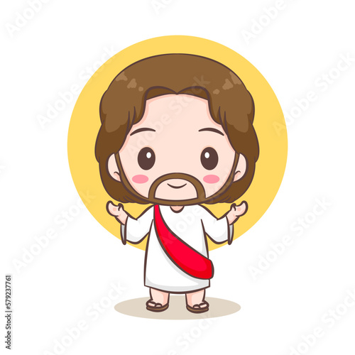 Cute Jesus Christ and the sheep cartoon. Hand drawn Chibi character isolated white background. Christian Bible for kids. Mascot logo icon vector art illustration