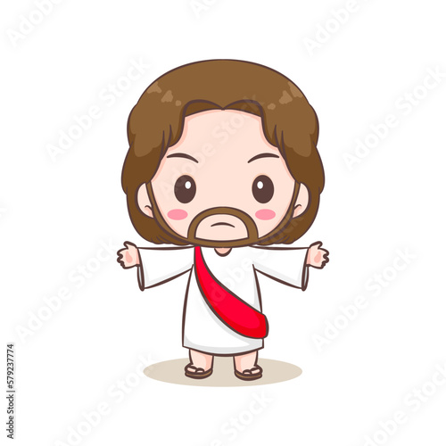 Cute Jesus Christ and the sheep cartoon. Hand drawn Chibi character isolated white background. Christian Bible for kids. Mascot logo icon vector art illustration