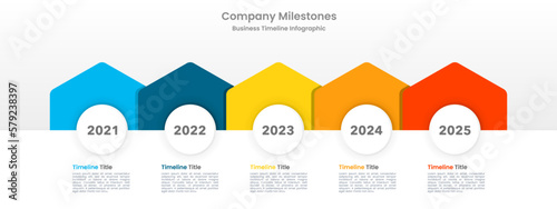 Business infographics with 5 houses shape colorful on the timeline. Vector illustration.