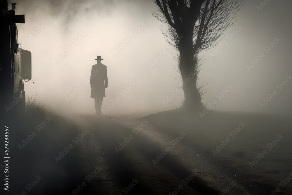 A solitary figure emerges from the mist, his hat adding to the enigmatic atmosphere shrouding him. Generative AI