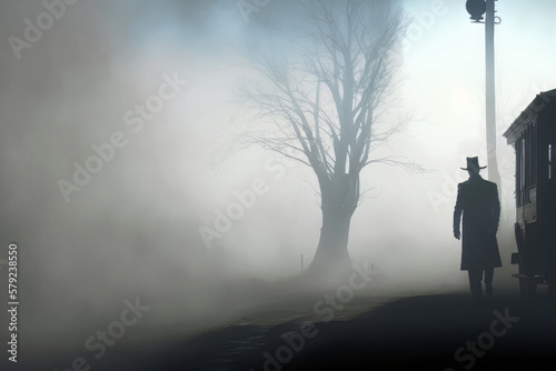 A lone figure, wearing a hat, stands in the midst of a dense fog, creating an eerie and mysterious atmosphere. Generative AI