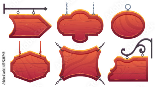 Vintage wooden signboard plaque cartoon vector set. Isolated old rustic blank wood sign board with rope and chain to use in game for show text message or notice. Timber saloon or cafe badge.