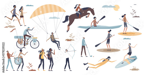 Sports set and various outdoor activities elements tiny person collection, transparent background.Professional workout training items with different exercise styles illustration.
