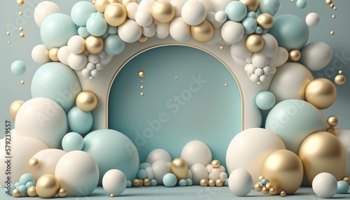 white and gold balloons with a frame, garland decoration elements, frame arch wedding event gender reveal birthday celebration, generative ai, happy joyful fun party, baby shower, empty copy space