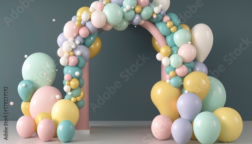 pink and blue balloons with a frame, garland decoration elements, frame arch wedding event gender reveal birthday celebration, generative ai, happy joyful fun party, baby shower, empty copy space