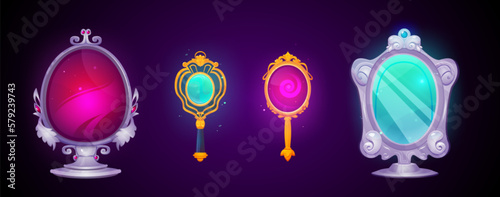 Vintage magic mirror with frame cartoon game illustration. Vector ui princess or witch object for fantasy or fairytale medieval interface. Antique decorative oval asset isolated on dark background.