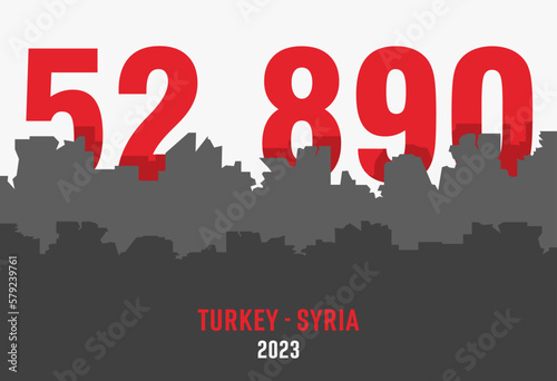 Earthquake in Turkey and Syria poster design. Destroyed cityscape on a background of number of victims of disaster.