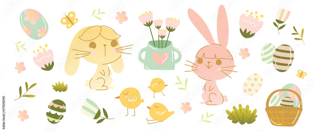 Happy Easter comic element vector set. Cute hand drawn rabbit, chicken, easter egg, spring flowers, leaf branch, basket. Collection of doodle animal and adorable design for decorative, card, kids.