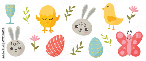 Happy Easter comic element vector set. Cute hand drawn rabbit, chicken, easter egg, spring flowers, leaf branch, butterfly. Collection of doodle animal and adorable design for decorative, card, kids.
