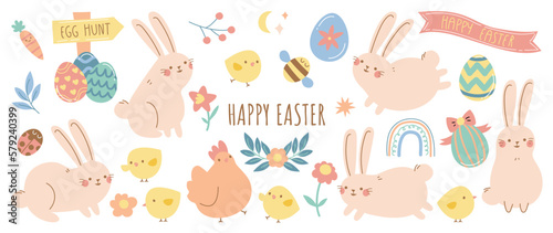 Happy Easter comic element vector set. Cute hand drawn rabbit, chicken, easter egg, spring flowers, leaf branch, insect. Collection of doodle animal and adorable design for decorative, card, kids.