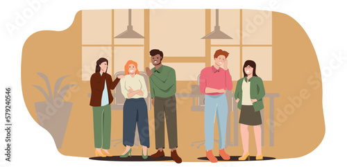 People gossiping, whispering in ear, slandering, spreading secrets, rumors, confidential information and news in the workplace. Colored flat graphic vector illustration isolated on orange background