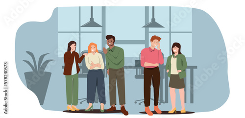 People gossiping, whispering in ear, slandering, spreading secrets, rumors, confidential information and news in the workplace. Colored flat graphic vector illustration isolated on blue background