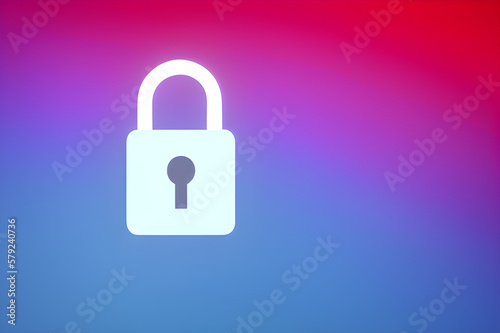 cyber security padlock icon, on one side of the image, locked, minimalist, clean, blue, red, pink gradient background. generative ai