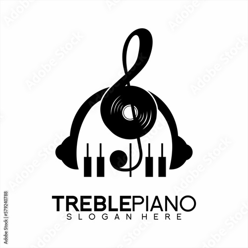 Music logo design. Illustration of combination treble clef with disc as well as piano and headphones.