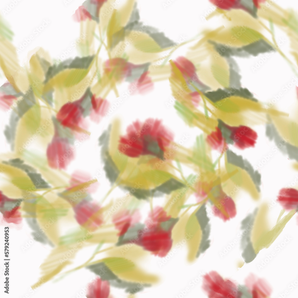 Botanical layered seamless fabric pattern with transparent blurred red rose flowers on a white background Watercolor effect